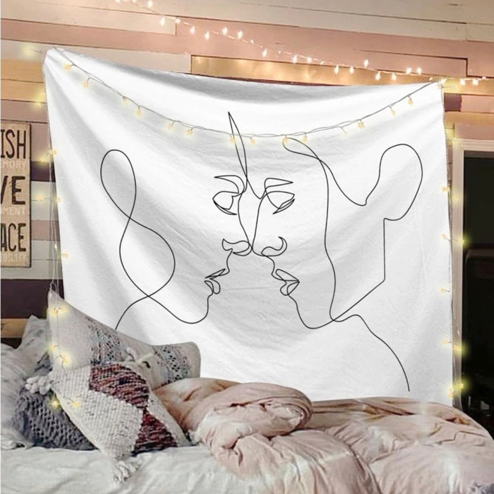 BOGO black & white line drawing of lovers tapestry wall art fabric poster kiss